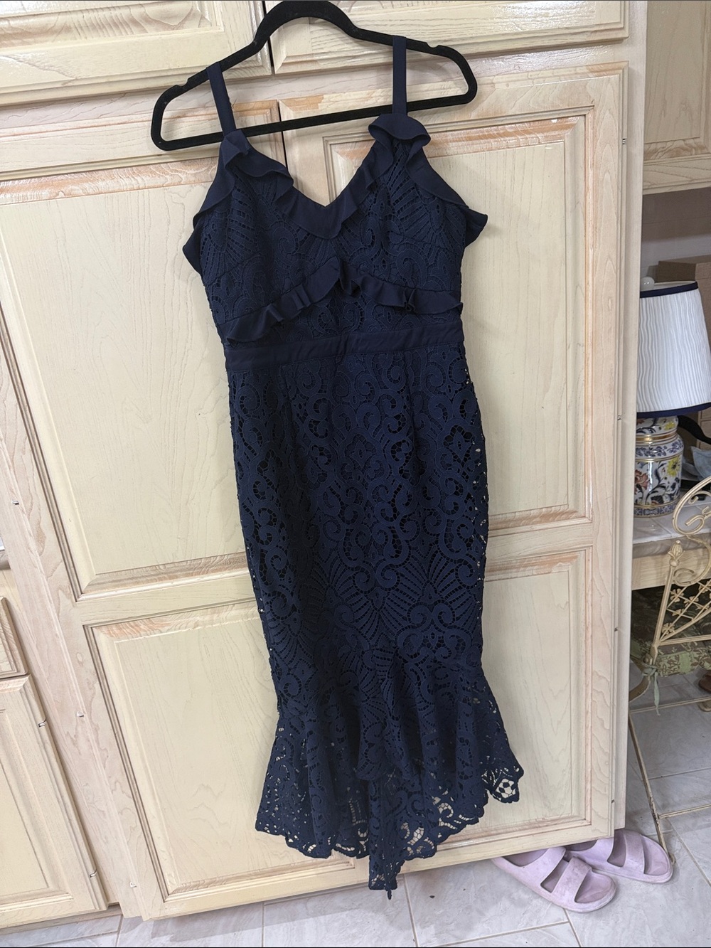 Navy Lace Ruffle-Trim Midi Dress - Women's Elegant Occasion Dress